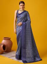 Cotton Blue Festival Wear Floral Print Saree